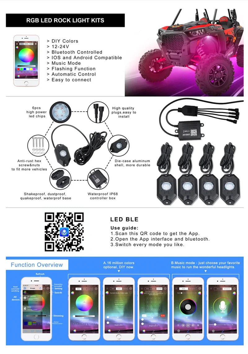 RGB LED Rock Lights – App Controlled | IP68 Waterproof