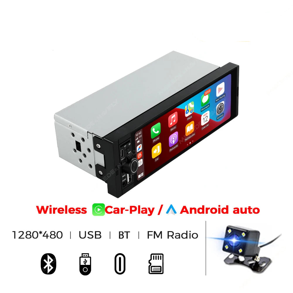 Single Din Head Unit with Reverse Camera — Universal Fit (6.86” Touchscreen, CarPlay + Android Auto)
