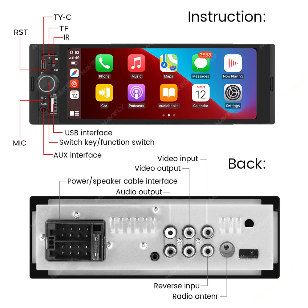 Single Din Head Unit with Reverse Camera — Universal Fit (6.86” Touchscreen, CarPlay + Android Auto)