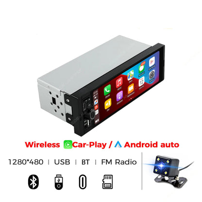 Single Din Head Unit with Reverse Camera — Universal Fit (6.86” Touchscreen, CarPlay + Android Auto)